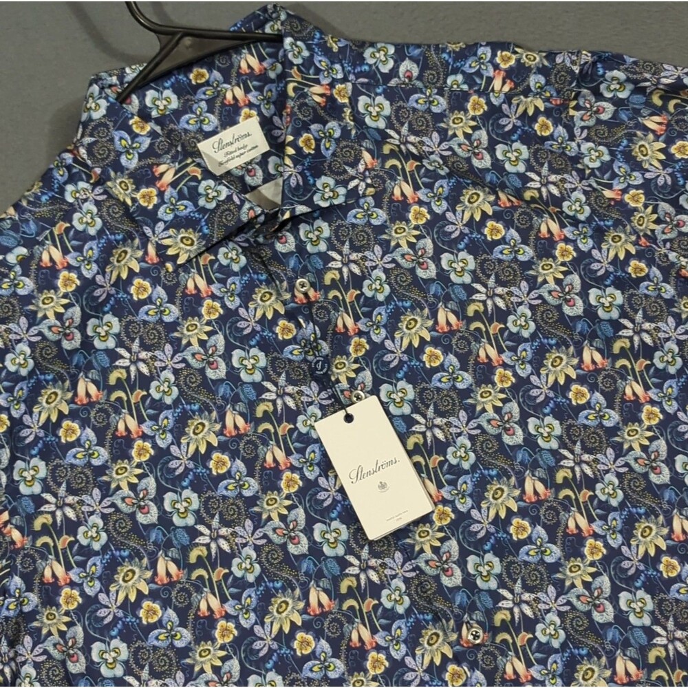 Stenstroms Fitted Body Twofold Super Cotton Shirt Men's 18x46 Blue Floral NWT